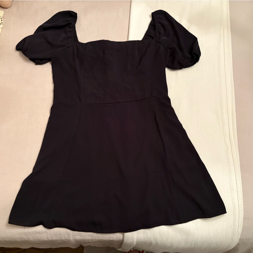 black babydoll abercrombie mini dress with puff shoulder sleeves and corset top